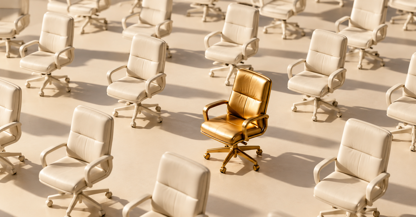 A single gold office chair stands out among rows of cream office chairs.