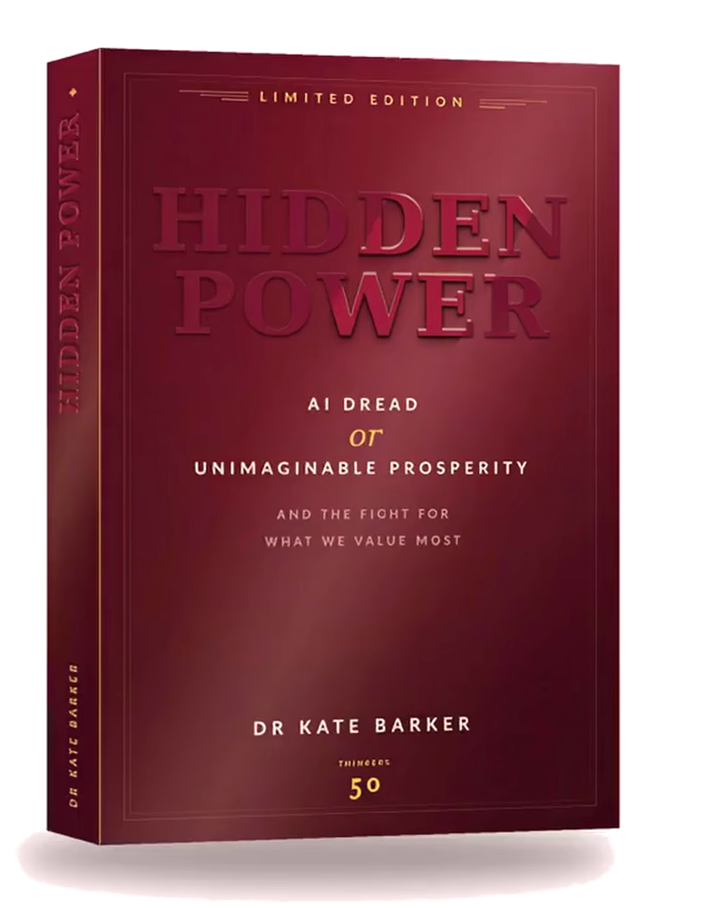 Hidden Power by Dr Kate Barker — hardcover edition, dark-cherry cover with the title embossed in a deeper cherry tone and gold accents on "or" and the Thinkers50 mark.