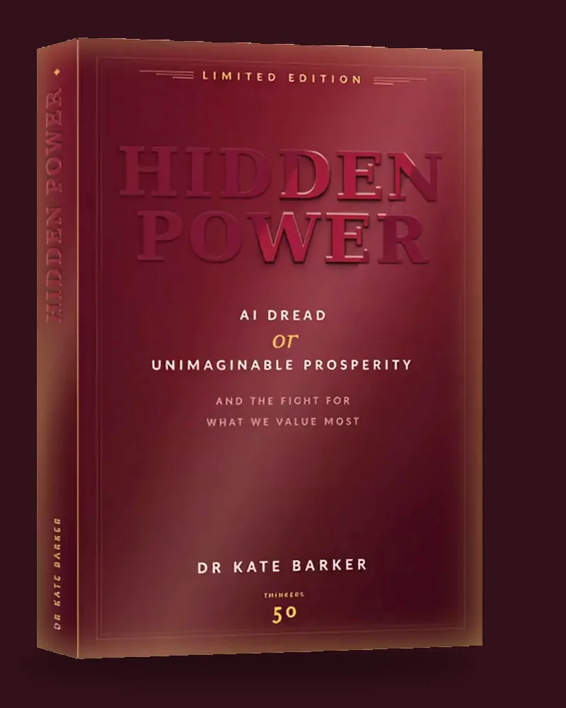 Hidden Power by Dr Kate Barker — hardcover edition, dark-cherry cover with the title embossed in a deeper cherry tone and gold accents on "or" and the Thinkers50 mark.