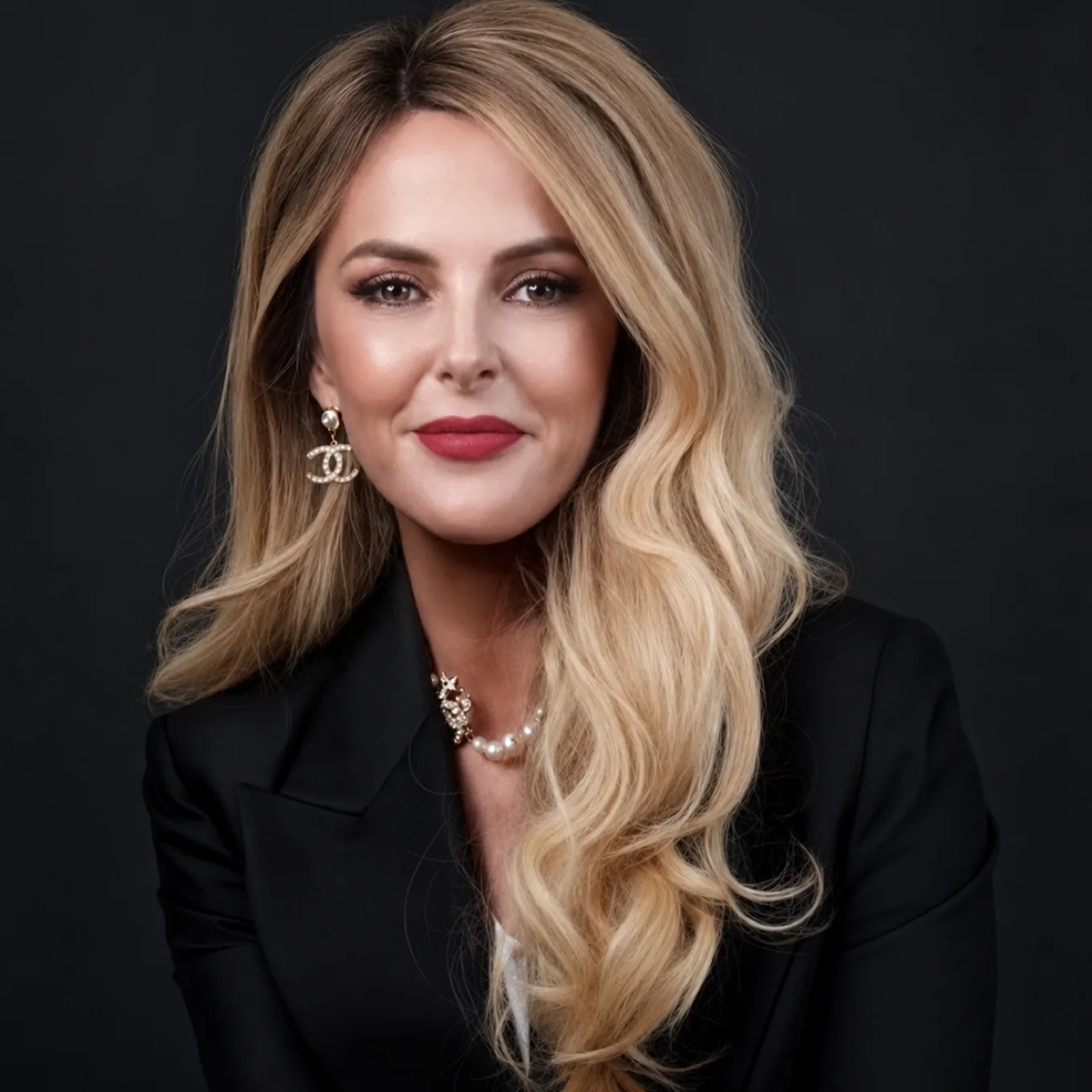 Portrait of Dr Kate Barker, blonde hair, wearing a black blazer, photographed against a dark studio backdrop.