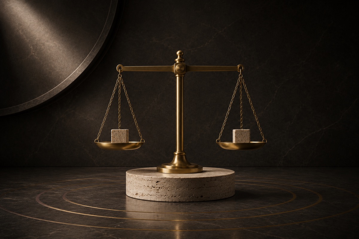 Editorial still life of balanced brass scales holding two travertine cubes in equilibrium — a metaphor for board judgement.