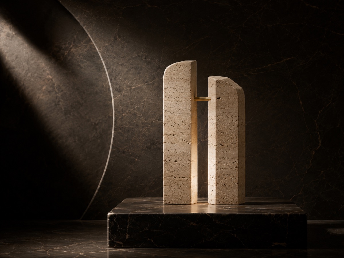 Editorial still life of two travertine forms joined by a single brass rod — a metaphor for a private coaching partnership.