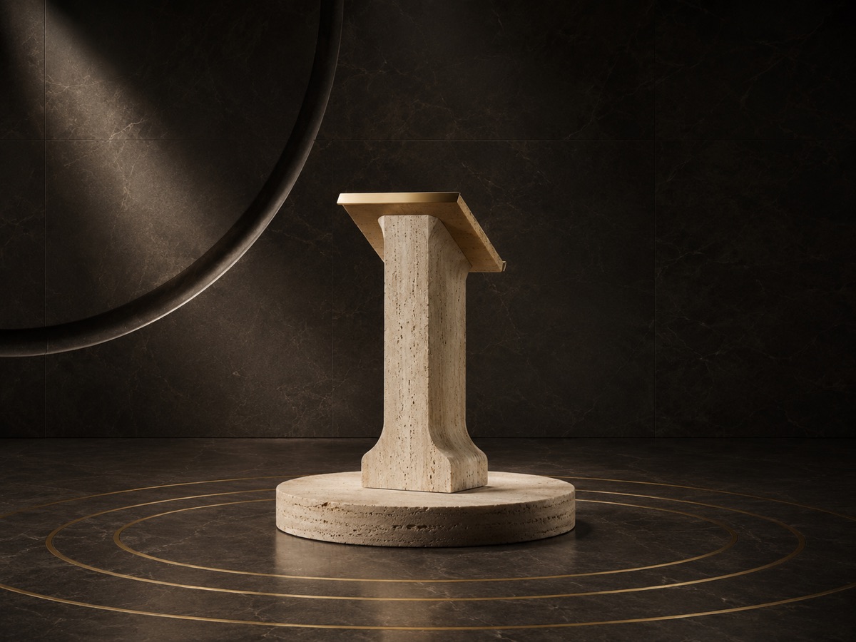 Editorial still life of a travertine lectern on a circular dais ringed by concentric brass lines — a metaphor for the keynote stage.