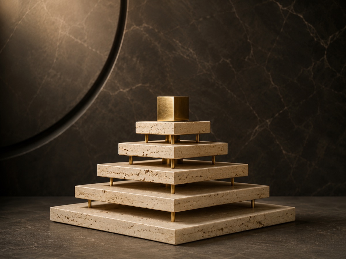 Editorial still life of a tiered travertine structure threaded with brass rods and topped by a brass cube — a metaphor for enterprise-scale strategy.